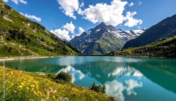 Fototapeta Mountain lake reflecting a summer sky