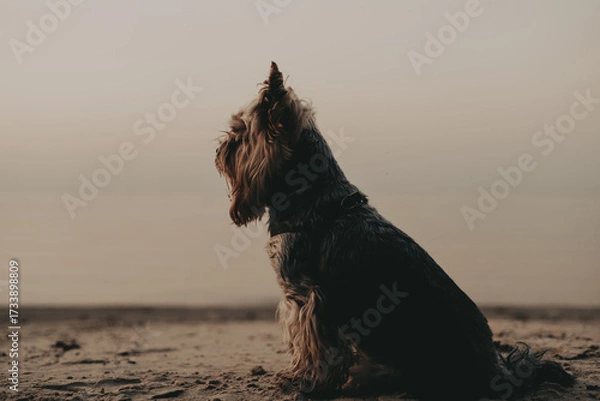 Fototapeta Yorkshire Terrier Silhouetted on Beach at Sunset. A Yorkie lapdog sits on the beach, silhouetted against a soft, muted sunset. The dog is facing away, its fur catching the light. Serene small dog .