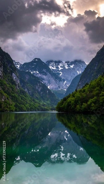 Fototapeta Mountain lake reflecting dramatic sky