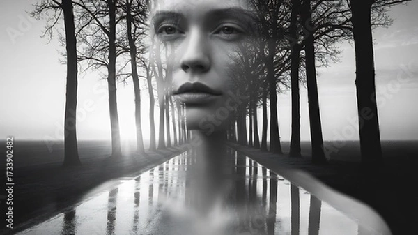 Obraz Double exposure portrait of a woman superimposed on a forest road