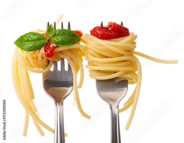 Fototapeta Two forks holding spaghetti pasta with tomato sauce and basil against a white background