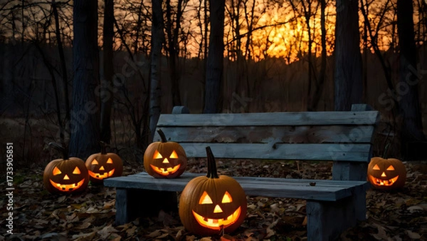 Fototapeta A spooky forest sunset with a haunted evil glowing eyes of Jack O' Lanterns on the left of a wooden bench on a scary halloween night