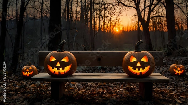 Fototapeta jack o lantern, A spooky forest sunset with a haunted evil glowing eyes of Jack O' Lanterns on the left of a wooden bench on a scary halloween night