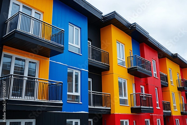 Fototapeta A vibrant display of modern apartment buildings featuring a mix of blue, yellow, red, and black paint, showcasing contemporary architecture and design.