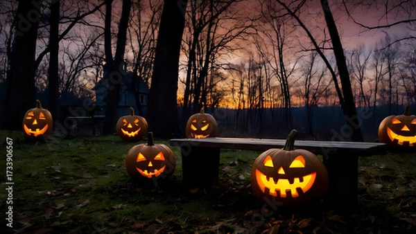 Fototapeta halloween pumpkin in the garden, A spooky forest sunset with a haunted evil glowing eyes of Jack O' Lanterns on the left of a wooden bench on a scary halloween night