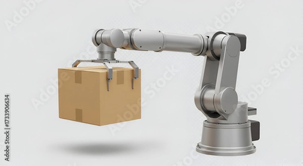 Fototapeta Robotic arm carrying cardboard box illustrating automation and logistics