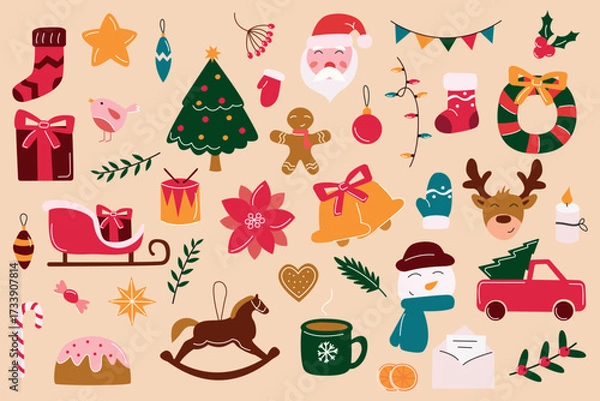 Fototapeta Christmas stickers. Winter holiday decorations, xmas tree, gift boxes and others.. New Year flat vector set