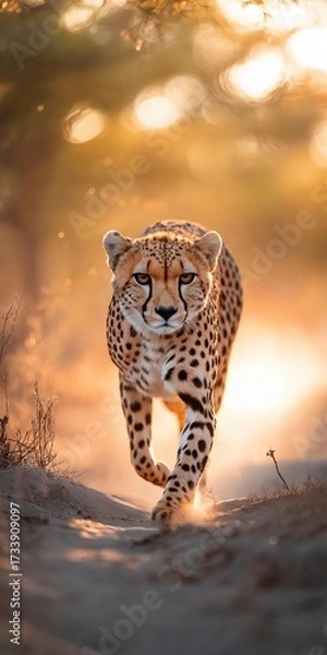 Fototapeta A cheetah runs effortlessly across sunlit terrain, its spotted coat shimmering in the warm glow of sunset.