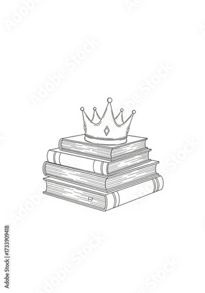 Fototapeta Crown on stacked books. Education knowledge is power concept. Line art illustration for learning, wisdom, and success.