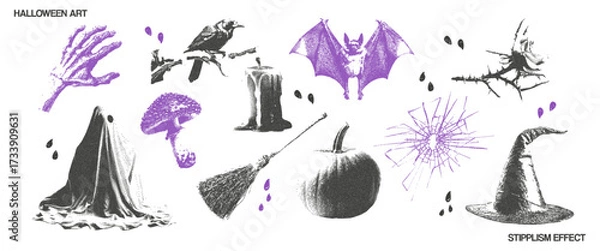 Fototapeta Halftone stipple effect elements set for Halloween. Ghost, candle, witch hat, bat, pumpkin. Vector. 