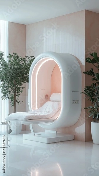 Fototapeta A stylish relaxation pod, surrounded by lush plants, invites tranquility in a minimalistic indoor space. Soft lighting creates a peaceful atmosphere ideal for unwinding.