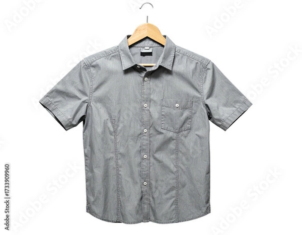 Fototapeta A grey, short-sleeved button-down shirt hangs on a wooden hanger