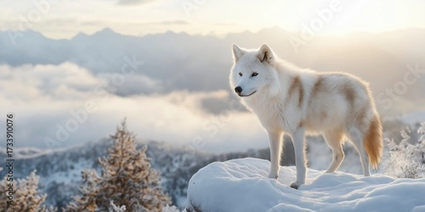 Fototapeta An arctic wolf stands on a rocky ledge, overlooking a vast landscape of snow-covered mountains, bathed in golden morning light. Soft clouds drift through the serene atmosphere.