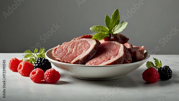 Fototapeta strawberries and cream, Fresh Cuts of Meat Displayed with Garnishes and Small Bowl of Berries white background