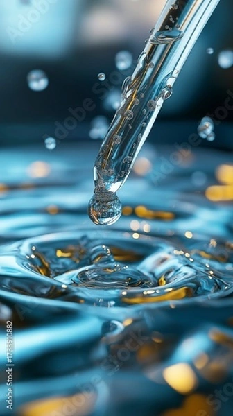 Fototapeta A glass pipette gently releases a droplet into calm water, creating ripples that distort golden reflections. The setting exudes tranquility and focus, perfect for exploration.