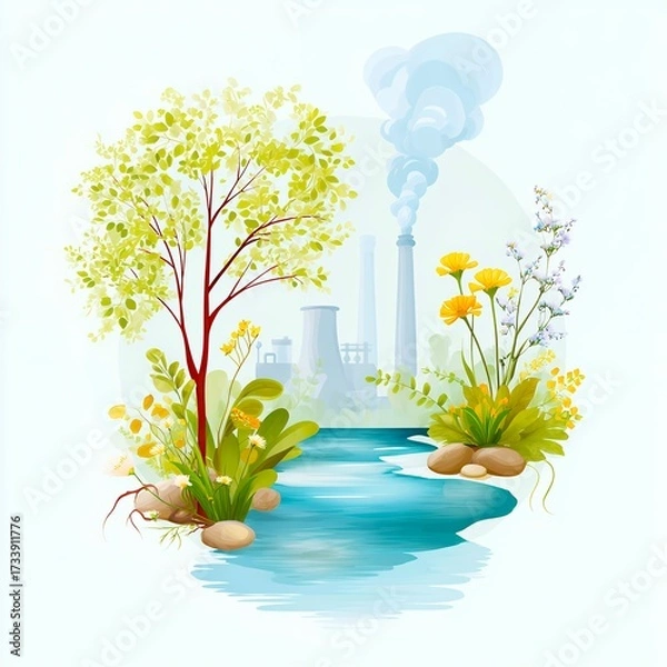 Fototapeta Water Pollution Prevention Efforts With Factory in the Background