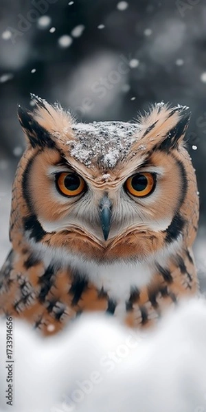 Fototapeta An impressive owl stands prominently with snow dusting its feathers. It watches intently as snowflakes gracefully drift around in a tranquil winter landscape.