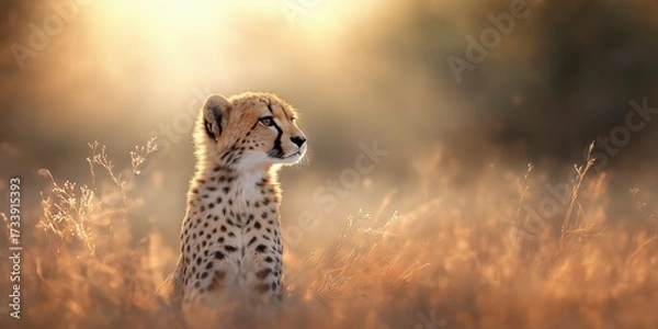 Fototapeta In the fading light of dusk, a young cheetah sits gracefully amidst tall, golden grasses, its gaze directed towards the horizon. The warm hues of sunset create a serene atmosphere.