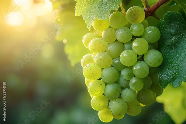 Fototapeta A close-up view of dewy green grapes hanging gracefully on a vine, illuminated by warm sunlight, creating a serene and fresh atmosphere.