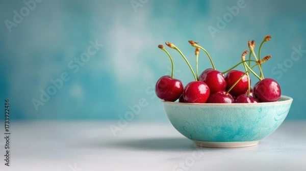 Fototapeta Fresh cherries in a turquoise bowl on a soft background  