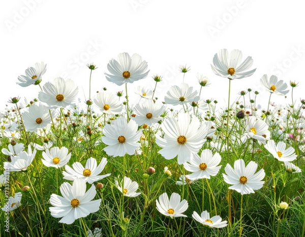 Fototapeta Field of bright, white, daisy-like flowers against a transparent background