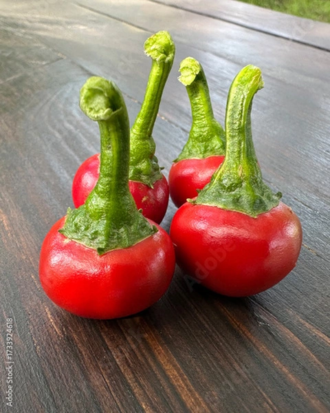 Fototapeta A closeup composition of 4 hot red peppers the size of cherries