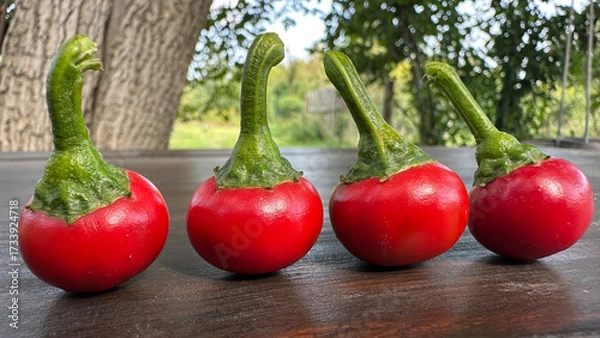 Fototapeta A closeup composition of hot red peppers the size of cherries