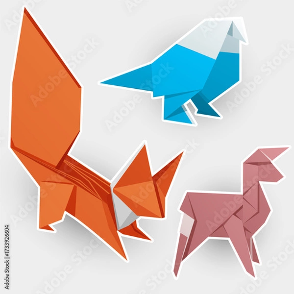 Obraz Fox, sheep, bird. Set of origami illustration. Cartoon Stickers collection. 