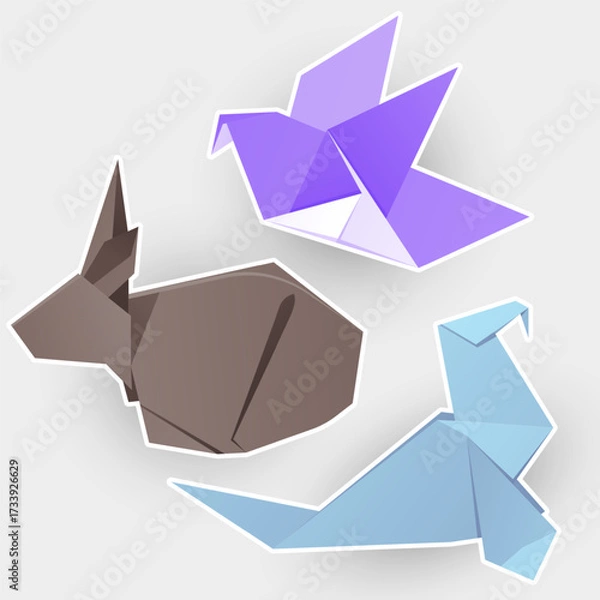 Obraz Sea elephant, bird, rabbit. Set of origami illustration. Cartoon Stickers collection. 
