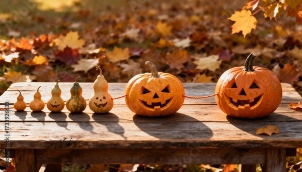Fototapeta Friendly Jack-o'-Lanterns and Carved Gourds Lined Up on a Rustic Table Amidst Golden Autumn Leaves, Celebrating Halloween Season.