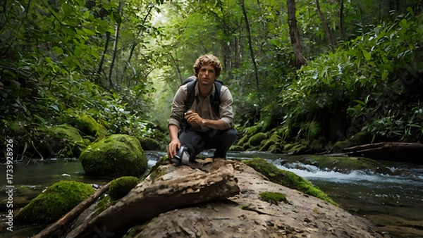 Fototapeta hiker on the lake, hiker in the mountains, mountain river in the forest, mountain river in the mountains, river in the mountains