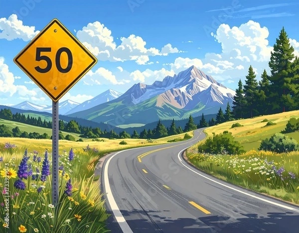 Fototapeta Scenic mountain road with speed limit sign
