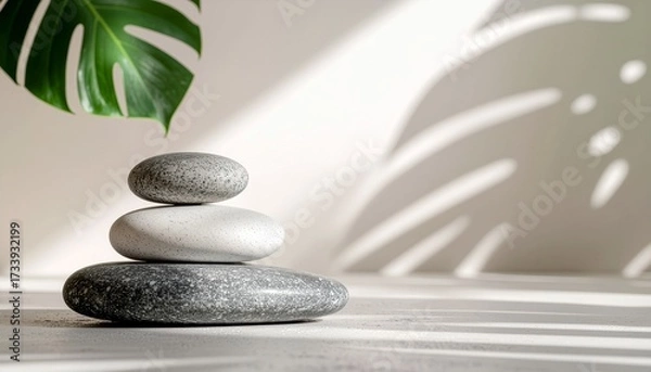 Fototapeta Minimalist Zen Still Life with Stacked Stones and Monstera Leaf in Soft Lighting