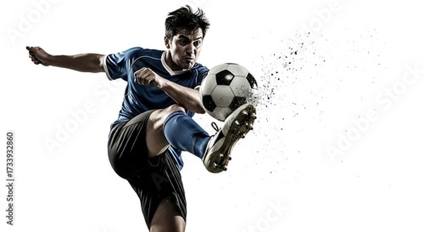 Fototapeta Dynamic Soccer Player in Mid-Action, Kicking the Ball with Intense Energy and Explosive Movement Against a White Background