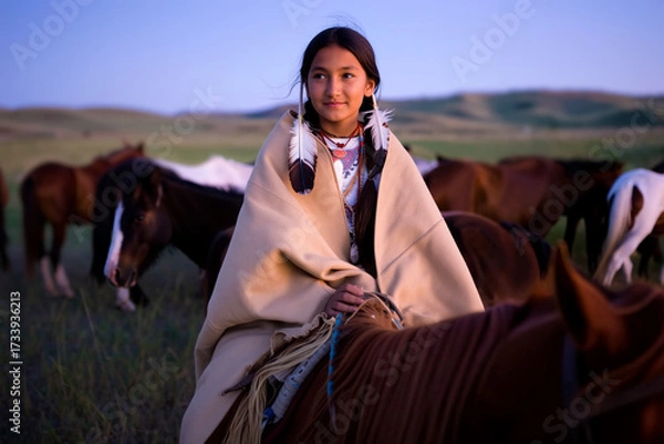 Fototapeta A young native american girl dressed in traditional clothing sits on a horse surrounded by other horses as the sun sets, creating a serene atmosphere in the countryside. Generative AI.