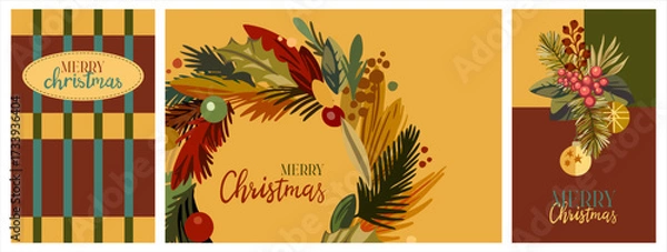 Fototapeta Merry Christmas! Happy New Year! A fully editable set of 3 posters in a vintage style. A narrative illustration on the theme of the winter holidays.