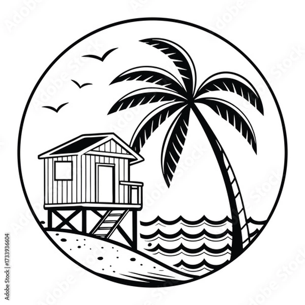 Obraz Tropical beach scene with a stilt house and palm tree