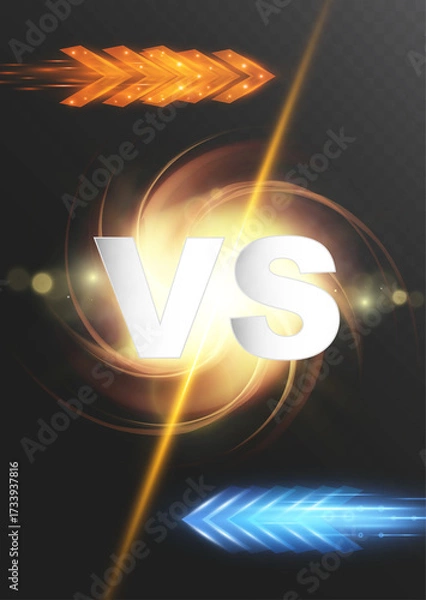 Fototapeta vs glowing battle background with light arrows in orange and blue colors for competition or game design.