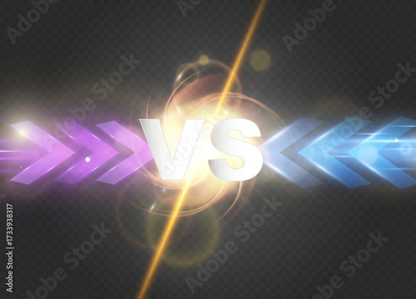 Fototapeta vs glowing battle background with light arrows in orange and blue colors for competition or game design.