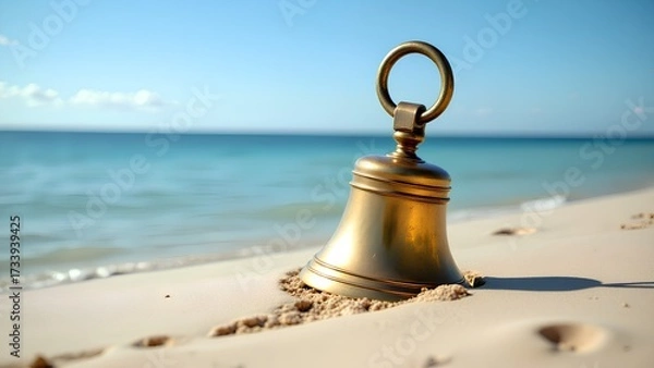 Fototapeta An old brass bell sits partially buried in the sand on a beautiful tropical beach, with calm turquoise water and a clear sky.