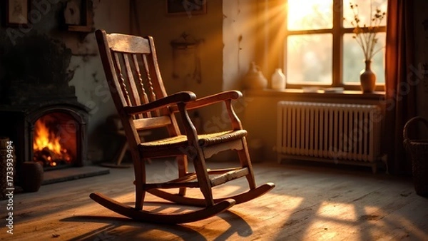 Fototapeta An empty wooden rocking chair sits in a rustic, cozy room by a fireplace, bathed in warm sunlight from a window, evoking nostalgia and peace