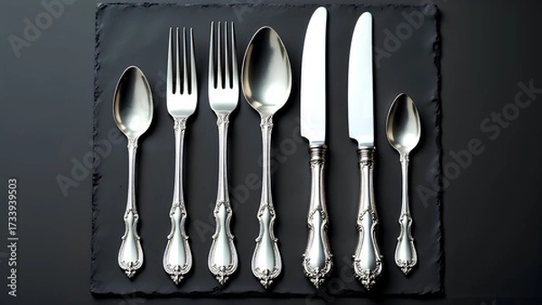 Fototapeta A complete set of elegant vintage silverware, including forks, spoons, and knives, is beautifully arranged on a dark slate plate. Top-down view.