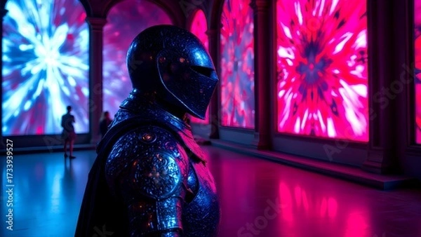 Fototapeta A medieval knight in full armor stands in a modern art gallery, creating a surreal contrast with the vibrant, psychedelic light displays.