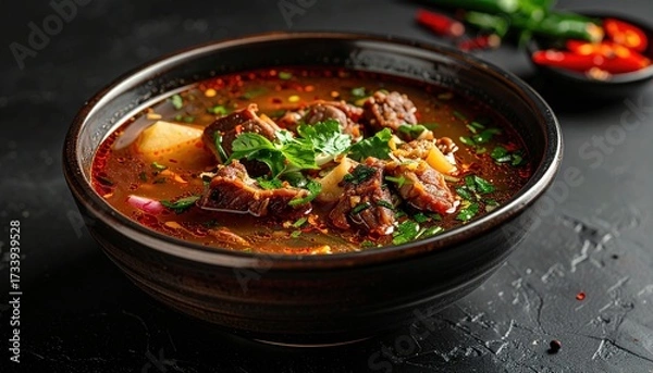 Fototapeta A rich, flavorful beef soup, served in a dark bowl, boasts chunks of meat and vegetables, highlighting a spicy and aromatic culinary dish.