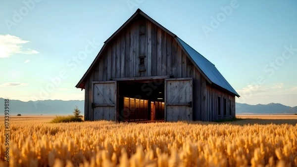 Fototapeta A rustic wooden barn with open doors stands in a golden wheat field at sunset, creating a peaceful and idyllic countryside scene.