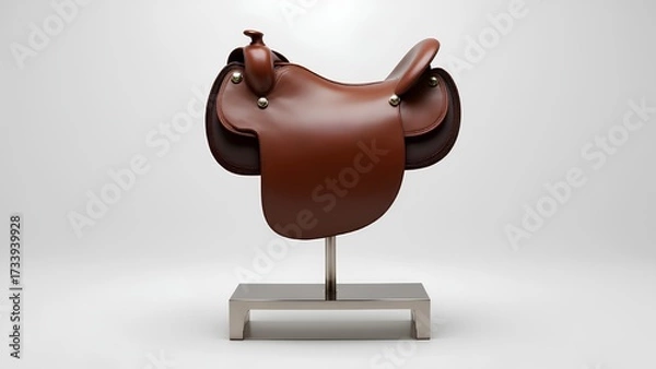 Fototapeta A classic brown leather equestrian saddle is elegantly displayed on a modern metal stand against a clean, minimalist white background.