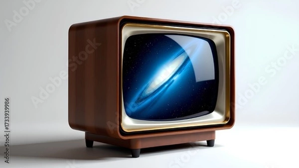 Fototapeta A vintage wooden television displays a vibrant galaxy and nebula on its screen, blending retro technology with cosmic imagery.