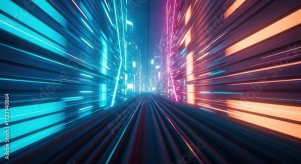 Fototapeta Abstract neon light tunnel futuristic technology background speed motion effect
