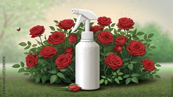 Fototapeta White spray bottle surrounded by vibrant red roses in a lush garden setting on a bright sunny day