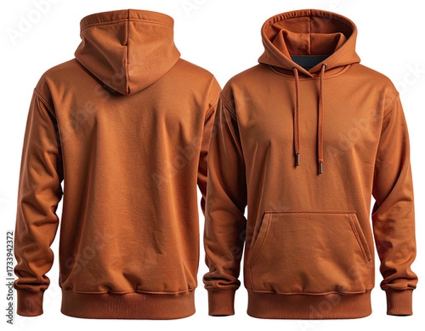 Fototapeta Front and back view of a terracotta-colored hoodie, isolated on black